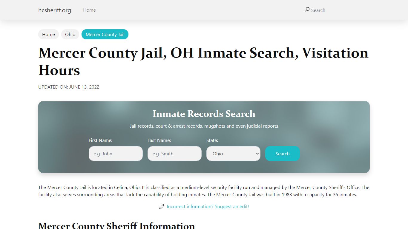 Mercer County Jail, OH Inmate Search, Visitation Hours